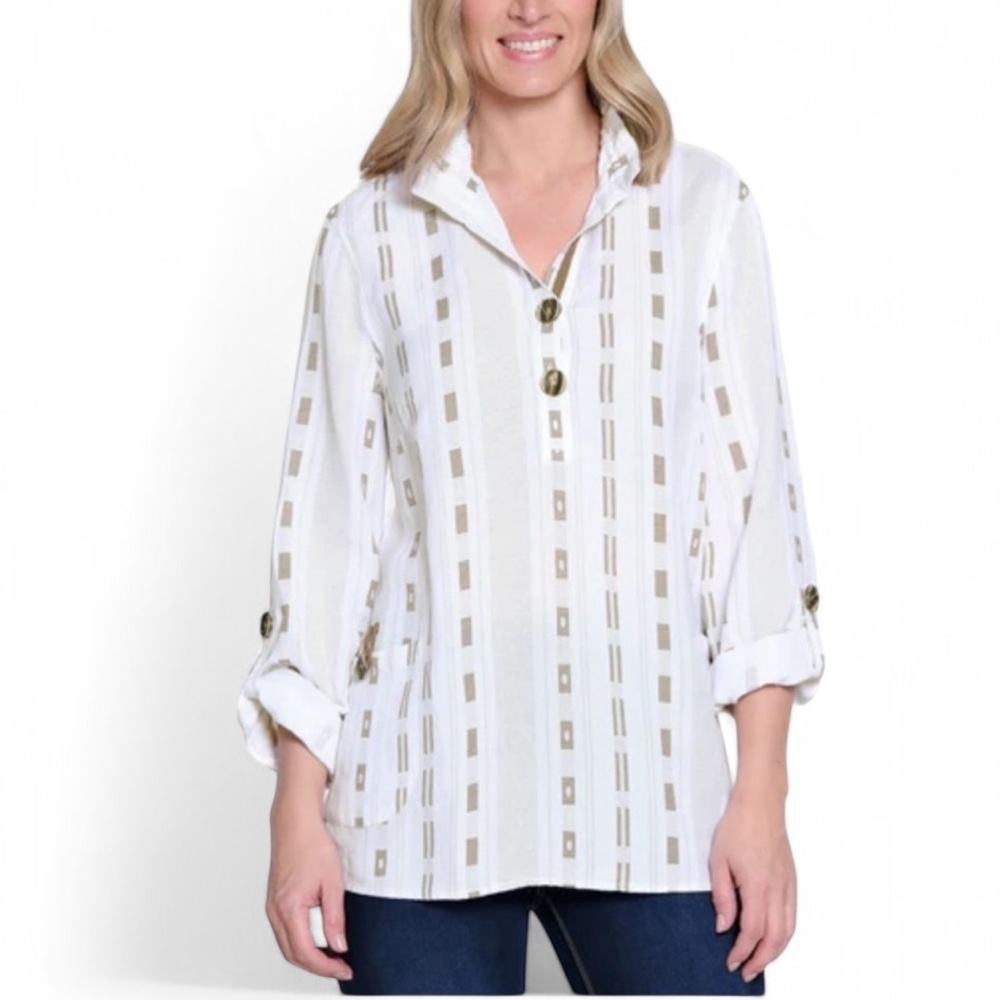 John Mark Linen Button Front Printed Tunic in White/Almond Size Large